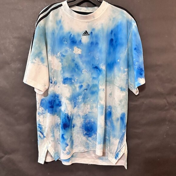 Adidas Sports Shirt XL 2XL Upcycled Blue White Watercolor Splatter Tie Dye Art - Picture 1 of 4
